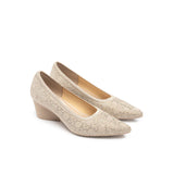 Rhinestone Check Knit Pointed Toe Wedge Pumps - Beige