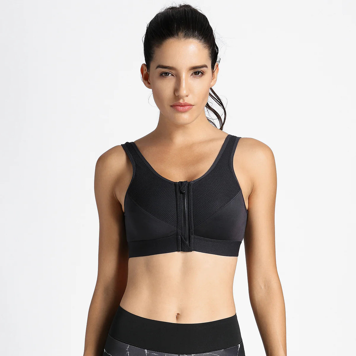 Full Length Zip Front Wireless Racerback Sports Bra - Black