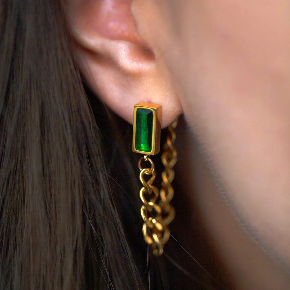 Bullion Gold Green Zirconia Dangly Stud Earrings - 35mm