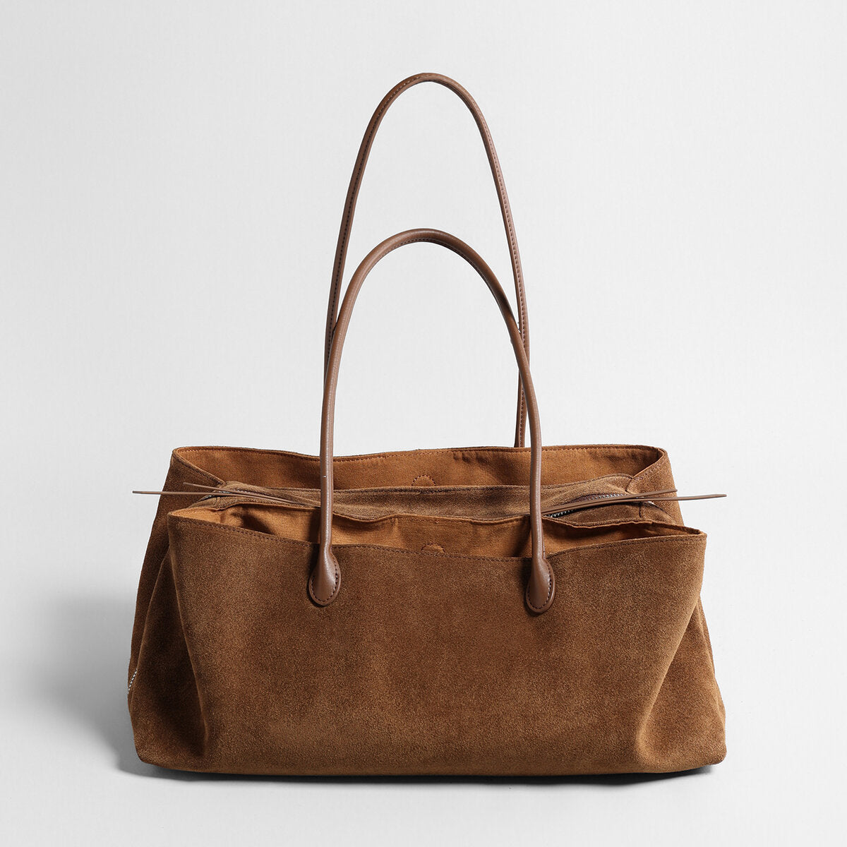 Suede Leather Triple-Compartment Tote Bag - Brown