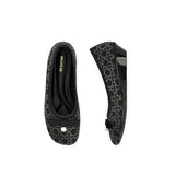 Pearl Bow Czech Crystal Knit Round Toe Wedge Pumps - Black