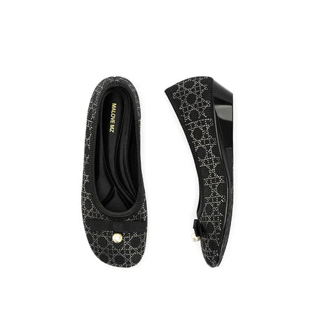 Pearl Bow Czech Crystal Knit Round Toe Wedge Pumps - Black