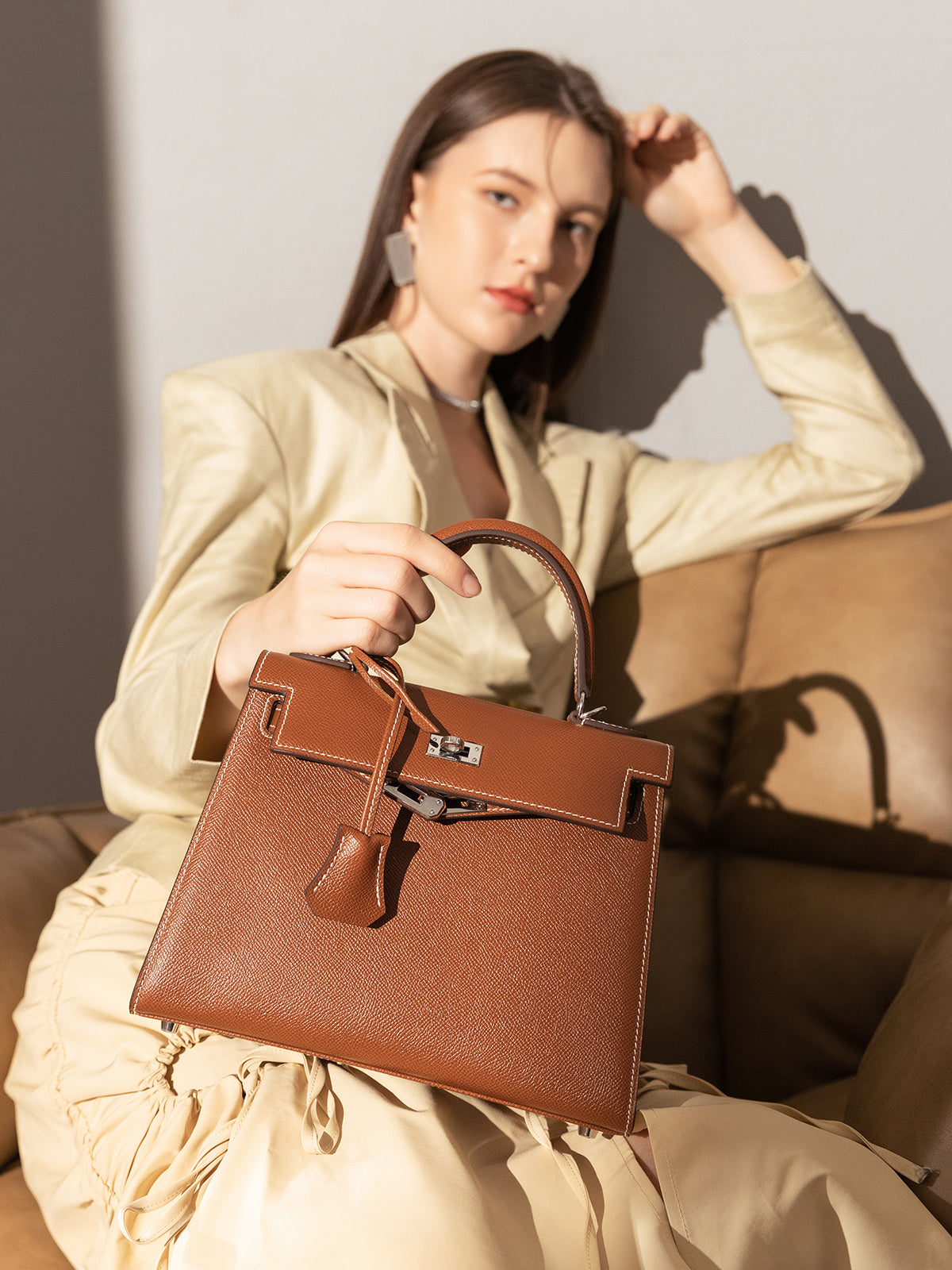 Clifton Palm-Grain Calfskin Top Handle Bag - Brown