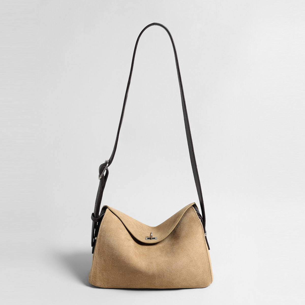 Suede Turn-Lock Hobo Bag – Adjustable Leather Strap Crossbody Bag
