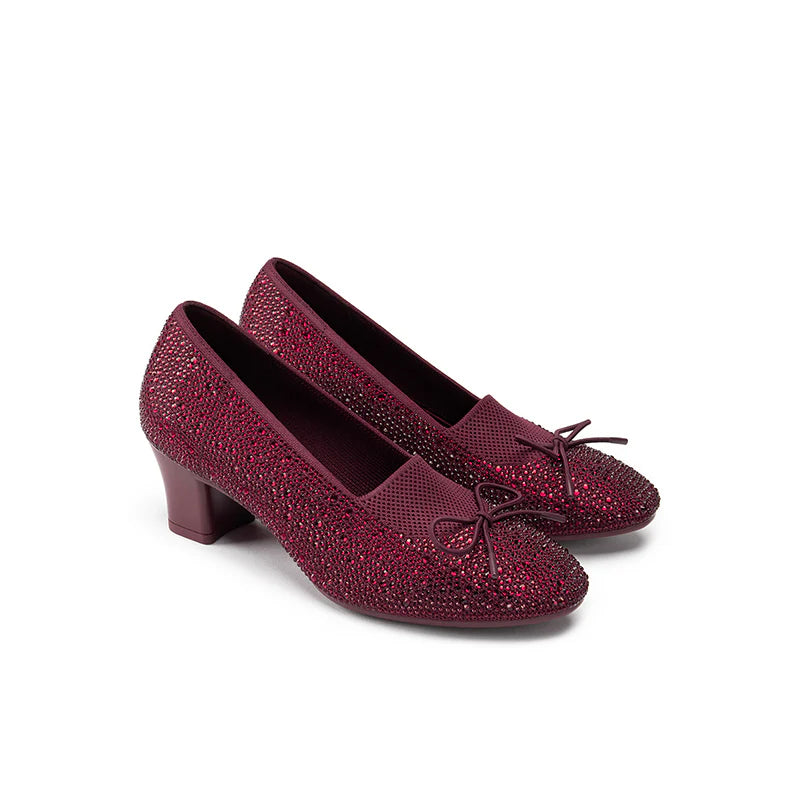 Rhinestone Bow Knit Round Toe Block Heel Pumps - Wine