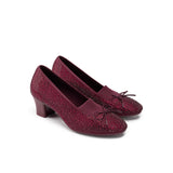 Rhinestone Bow Knit Round Toe Block Heel Pumps - Wine