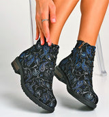 Bosccolo Womens Ankle Boots - Black Blue Embroidery