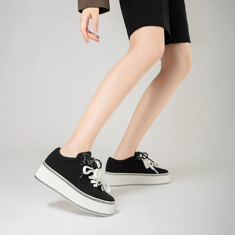 Dual Lace Platform Knit Sneakers - Black