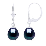 Earrings In White Gold 375 and Real Cultured Freshwater Pearls Pear 8-9 mm - Black "Tahitian Style" - Longueur 42 cm