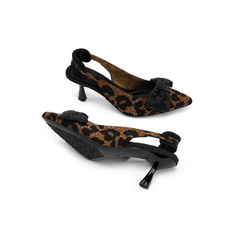 Rhinestone Bow Slingback Kitten Heels - Leopard