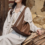Nalandu Soft Slouch Genuine Leather Oversized Tote Bag - Coffee