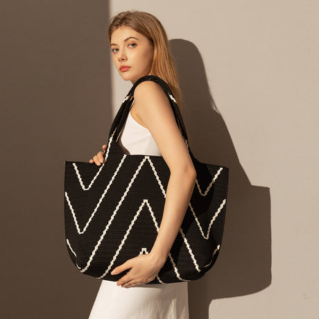 Retro Chevron Canvas Tote Bag - Black