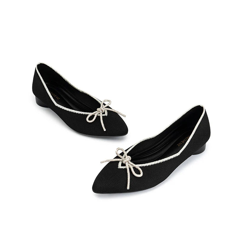 Rhinestone Bow Ballet Flats - Black