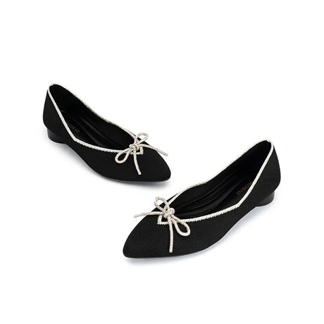 Rhinestone Bow Ballet Flats - Black