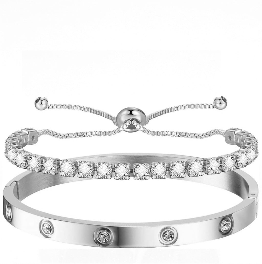 Liv Oliver 18K White Gold Bangle & Tennis Bracelet Set