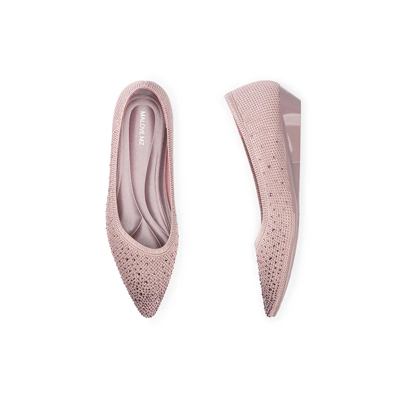 Rhinestone Gradient Knit Pointed Toe Wedge Flats - Mauve