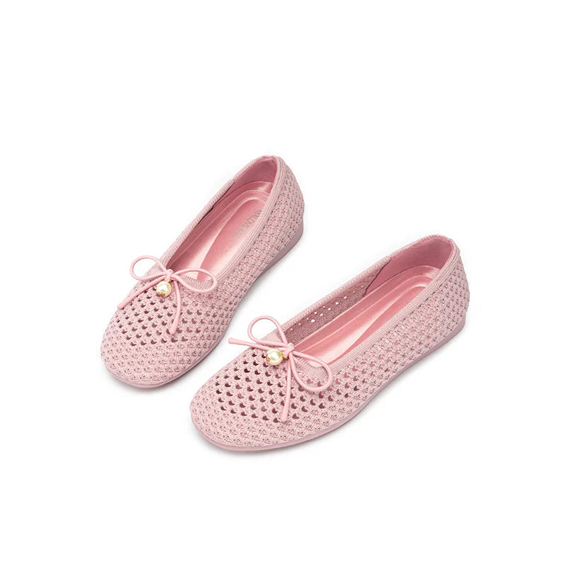 Pearl Bow Heart Mesh Knit Round Toe Wedge Flats - Pink