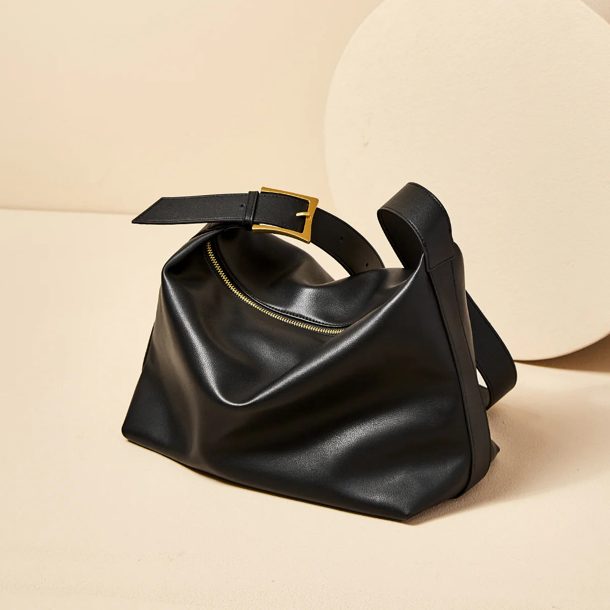 Nalandu Soft Leather Slouch Shoulder Hobo Bag - Black