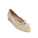 Rhinestone Bow Ballet Flats - Beige