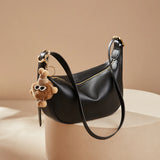 Nalandu Crescent Leather Crossbody Shoulder Bag with Bear Charm - Black