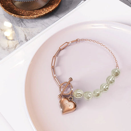 Bullion Gold Pearl Paper Clip Chain Heart Rose Gold Layered Stainless Steel Bracelet