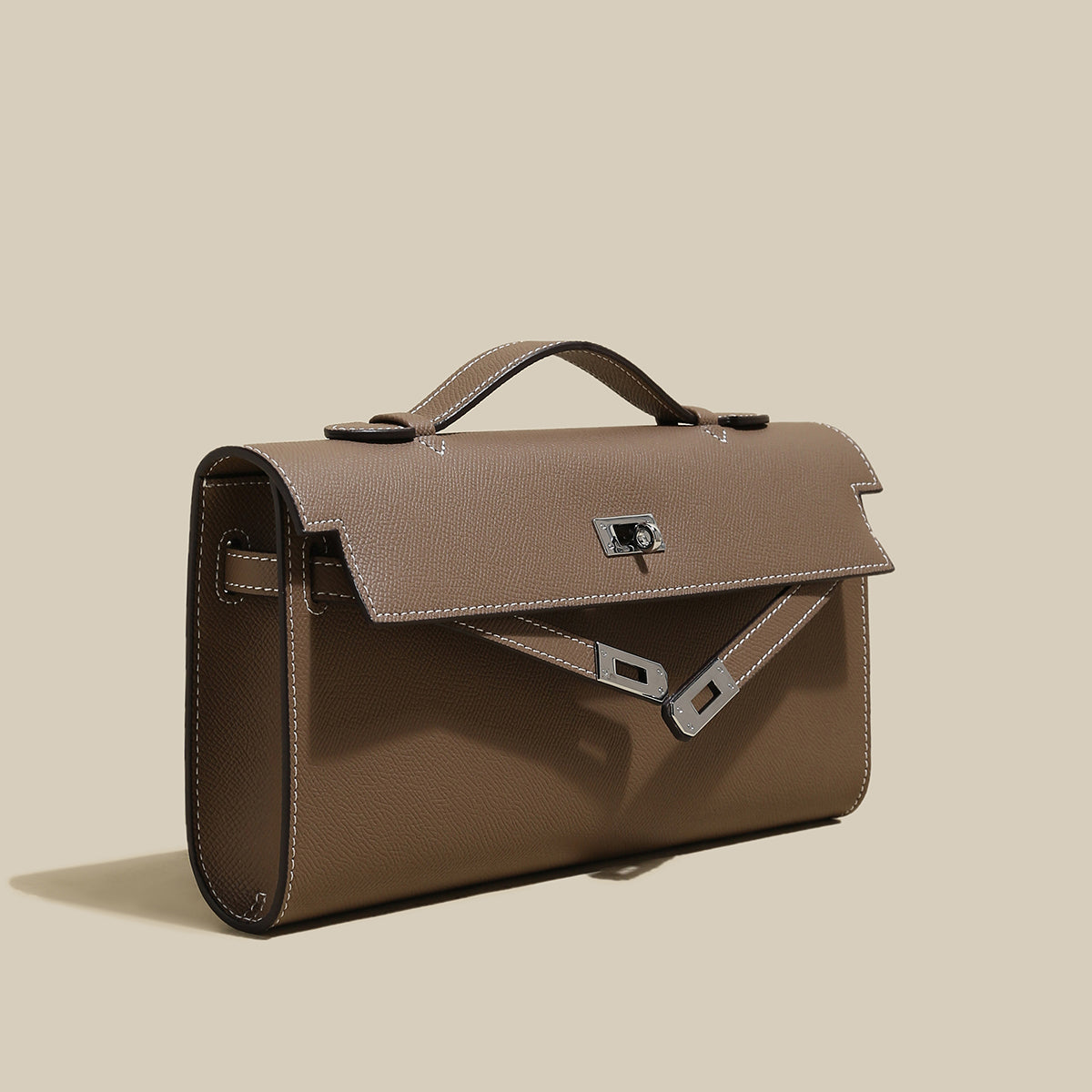 Structured Saffiano Leather Top-Handle Clutch - Taupe