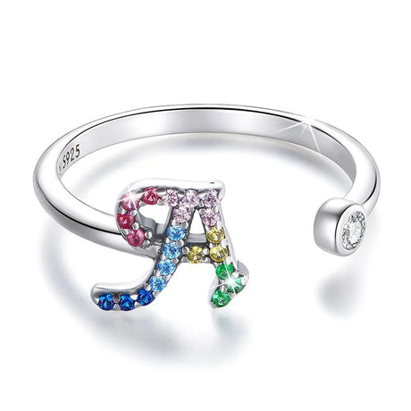 Adjustable Solid 925 Sterling Silver Colourful Rainbow Alphabet Letter Ring