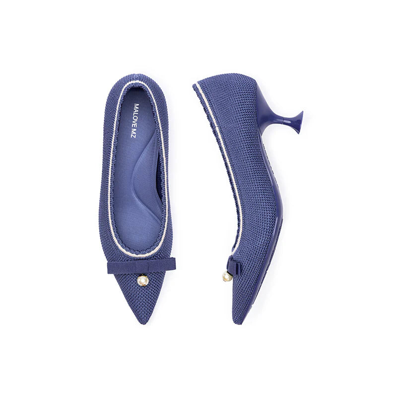 Parisian Pearl Bow Kitten Heels - Indigo