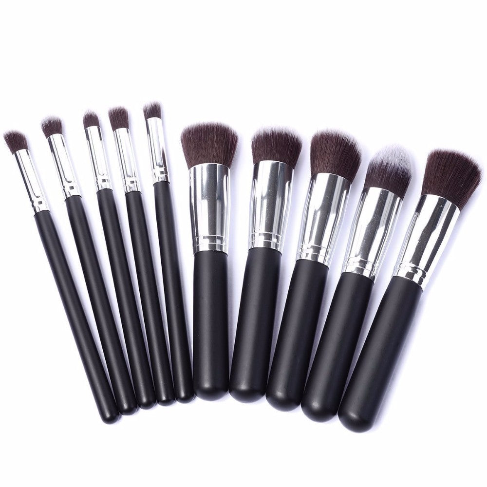 10 Piece Professional Makeup Brush Set Soft Synthetic Black Silver