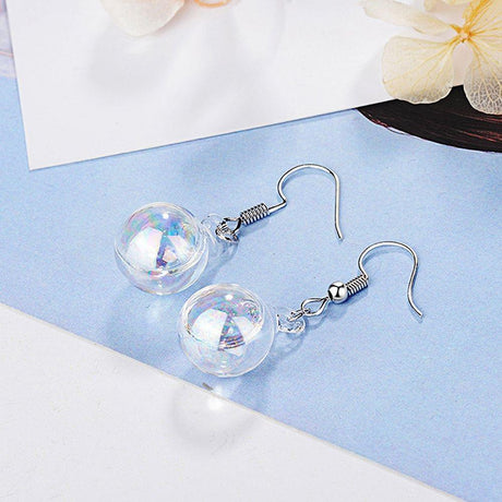 Clear Rainbow Glass Bubble White Gold Layered Drop Earrings
