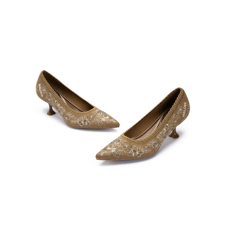 Enchanted Butterfly Pointed Toe Kitten Heels - Tan