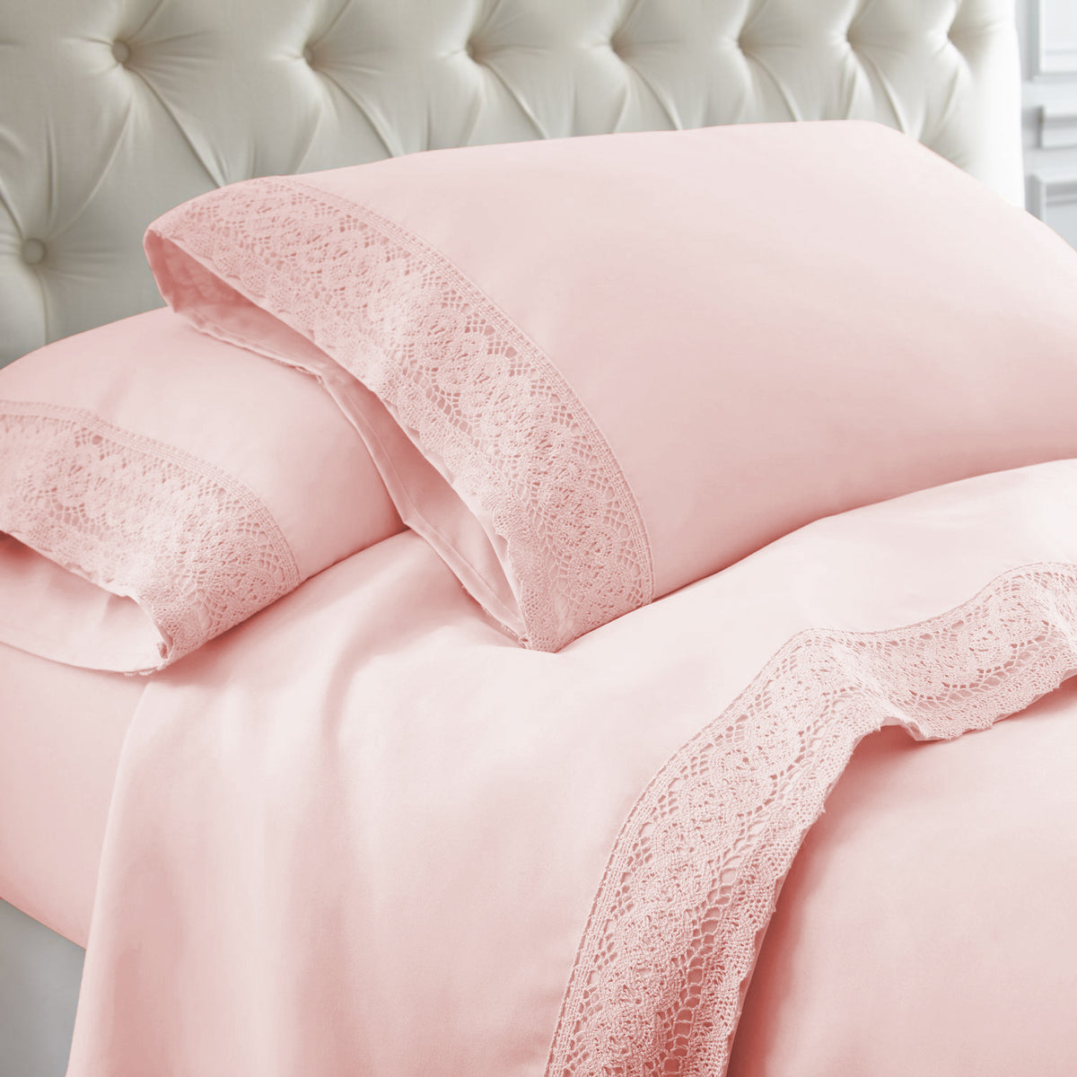 Ramesses Crochet-Lace Microfibre Sheet Set - Rose Pink Lace Rose Pink Fabric