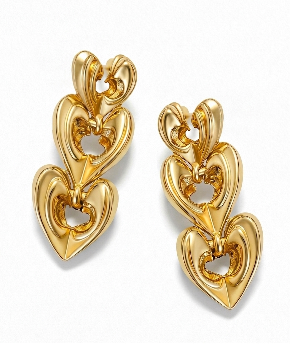 Liv Oliver 18K Gold Multi Tier Statement Heart Earrings