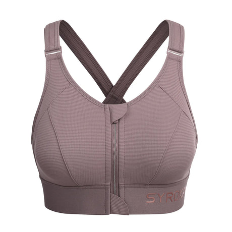 Zip Front Large Padded High Impact Sports Bra - Mocha