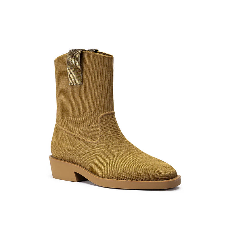 Knit Block Heel Ankle Boots - Tan