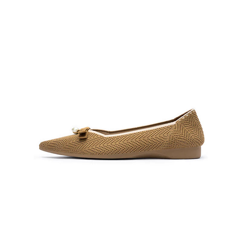 Sarah Casual Pearl Bow Commuter Flats - Tan