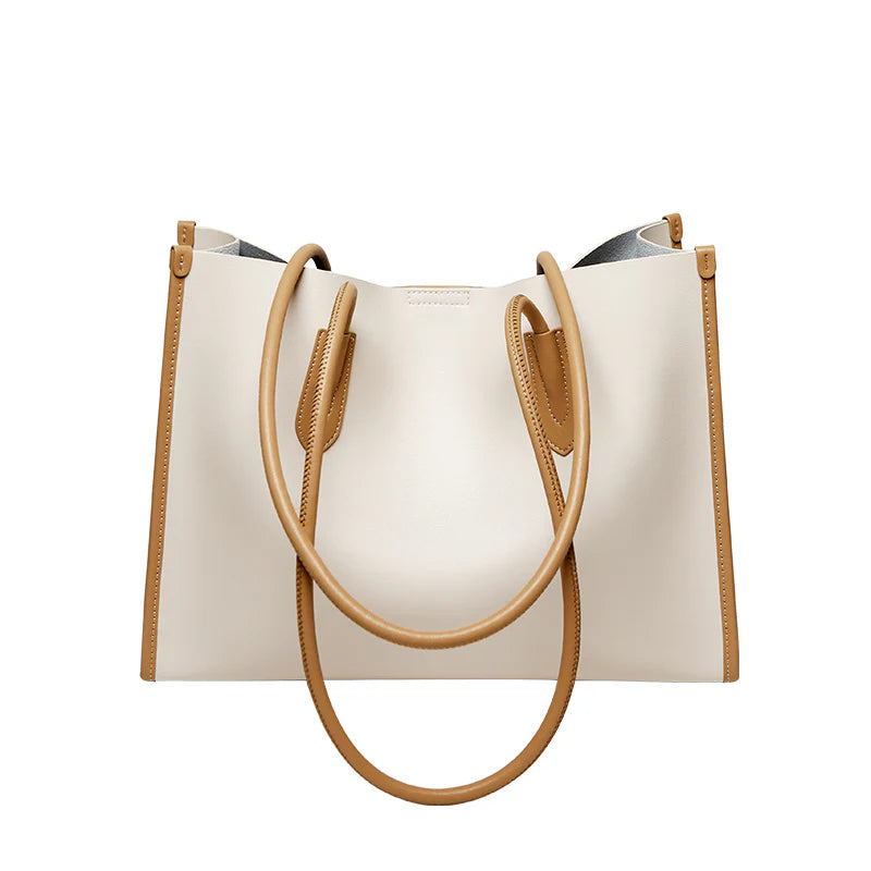 Nalandu Large Capacity Leather Commuter Tote Bag - Ivory