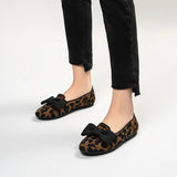 Bow Detail Round Toe Knit Flat Loafers - Leopard