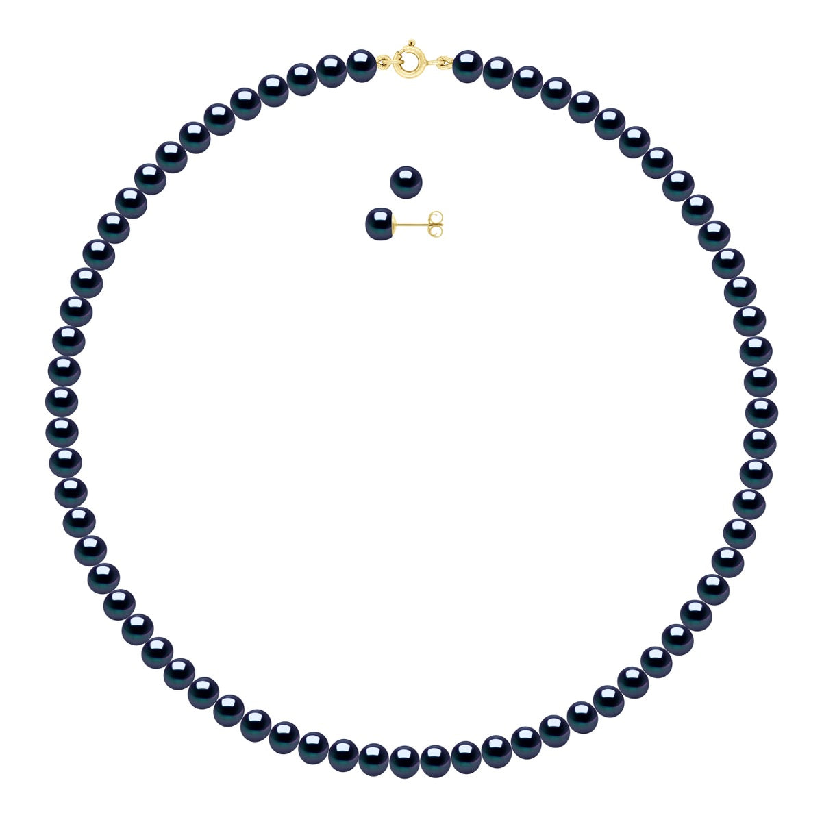 Set Being Composed of : Necklace of Real Cultured Freshwater Pearls Semi Round 6-7 mm with Spring Ring Clasp Ergonomic - Black Tahiti - Longueur 42 cm