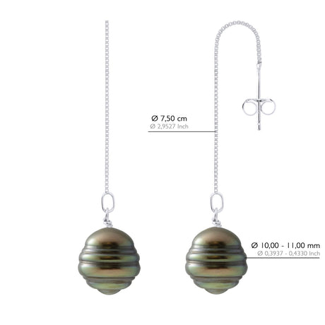 Hanging Earrings -2 Real Cultured Tahiti Pearls Circled 10-11 mm - Longueur 42 cm