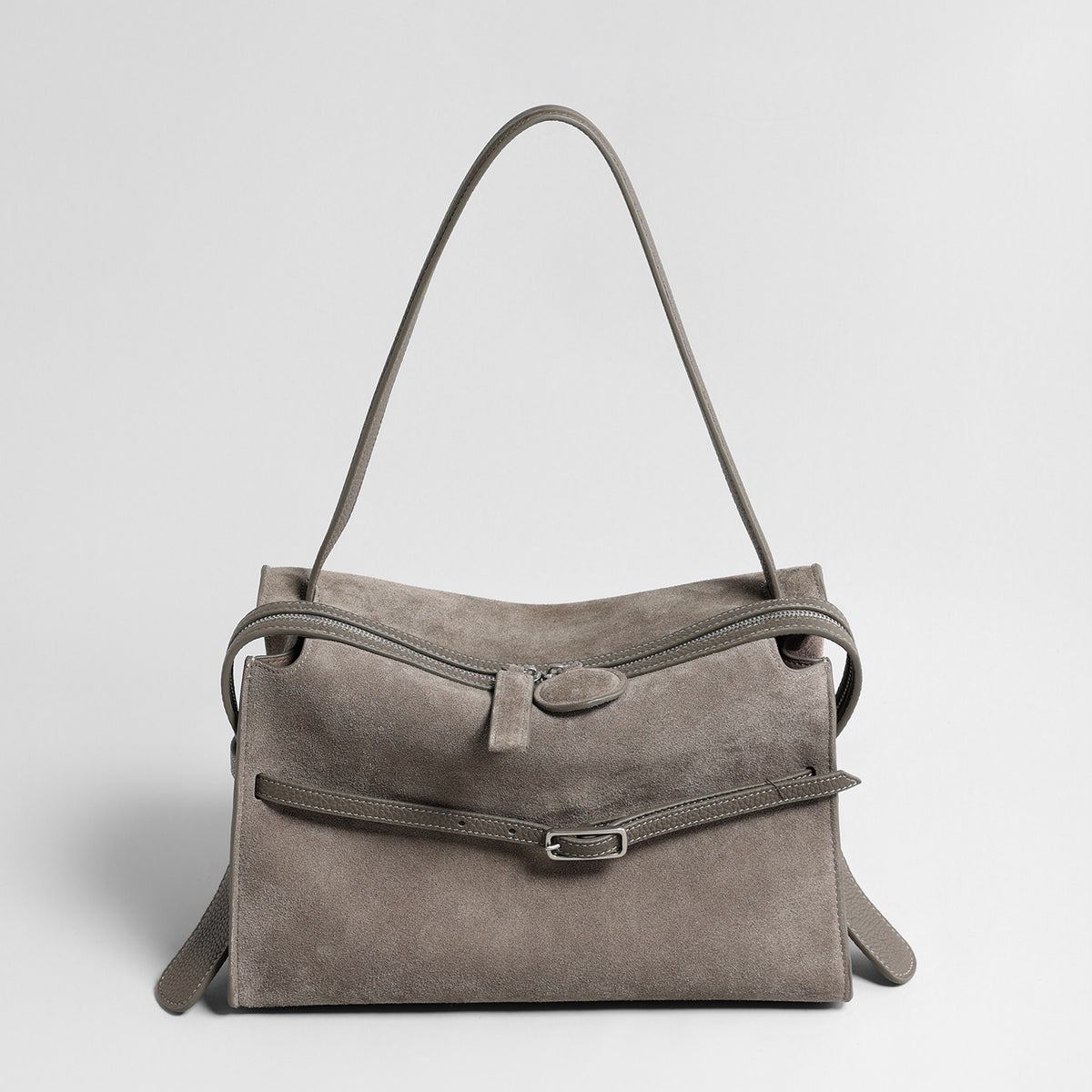 Suede Belted Shoulder Bag – Wave-Zip Leather Trim Bag
