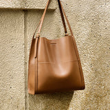 Nalandu Minimal Soft Leather Commuter Tote Bag - Brown