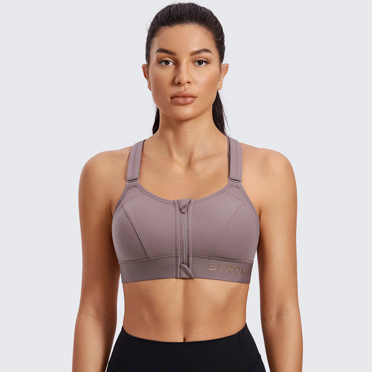 Zip Front Large Padded High Impact Sports Bra - Mocha