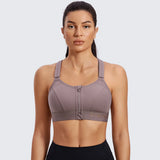 Zip Front Large Padded High Impact Sports Bra - Mocha