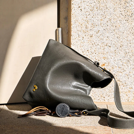 Nalandu Vintage Leather Large Capacity Tote Bag - Charcoal