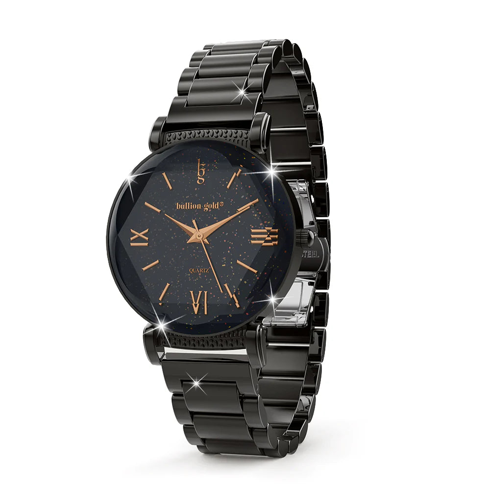 Bullion Gold Bullion Gold Romish Watch Embellished with Glittering Crystals - Black and Rose Gold