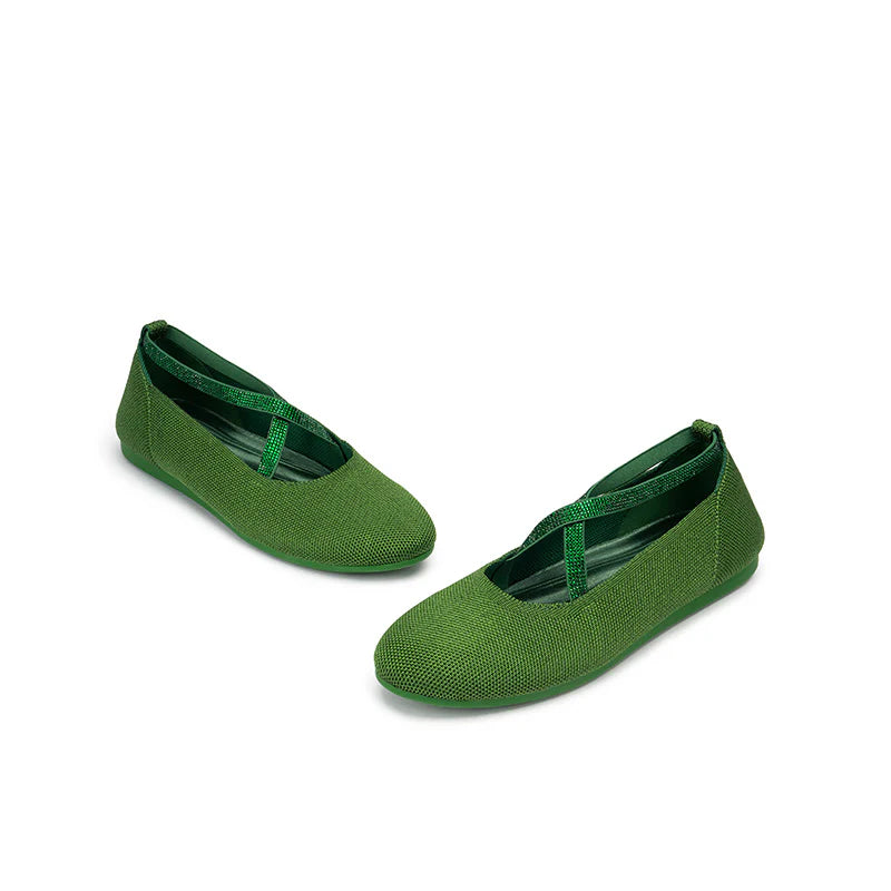 Rhinestone Cross Strap Knit Ballet Flats - Green