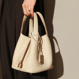 Premium Pebbled Leather Bucket Tote Bag - Ivory