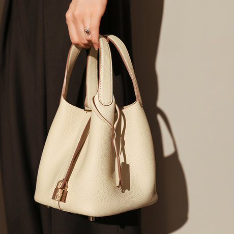 Premium Pebbled Leather Bucket Tote Bag - Ivory