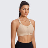 Zip Front Large Padded High Impact Sports Bra - Beige